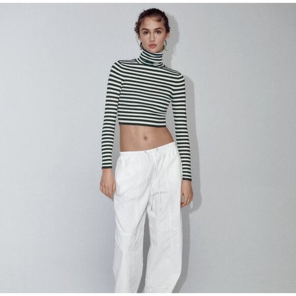 Zara Cropped Knit ribbed green white turtleneck top fall staple size small - Picture 8 of 9